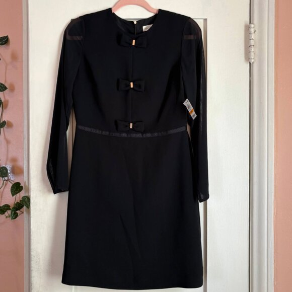 Maison Jules Black Fit & Flare Dress Women’s Small Bow Detail Mesh Long Sleeve - Picture 2 of 7